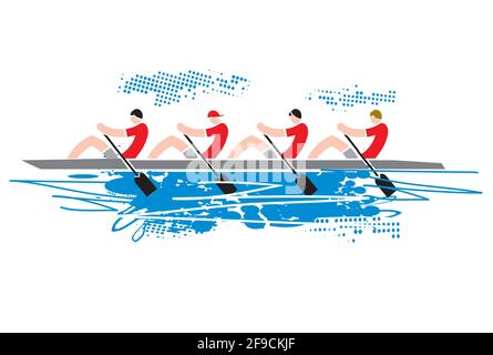 Team of four rowers. Colorful expressive Illustration of four sport rowers in boat. Isolated on white background.Vector available. Stock Vector