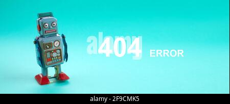 Page not found template. Robot toy repairman. 404 error warning message. Stock Photo