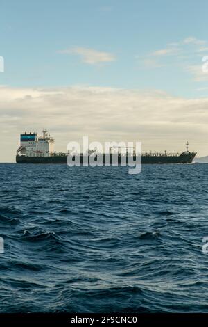 Maersk Nimbus ship crossing Strait of Gibraltar (IMO: 9724544) is a Oil/Chemical Tanker that was built in 2016 and is sailing under the flag of Denmar Stock Photo