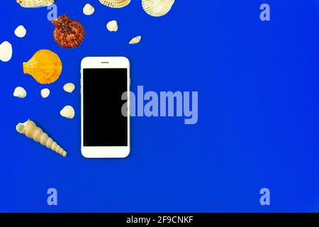 Summer and vacation background with seashell and smartphone blank screen mockup, copy space photo Stock Photo