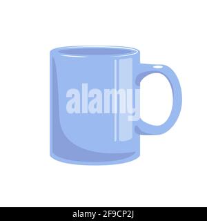 Blue office mug vector object isolated on white background. Ceramic cup in flat cartoon element with empty space for decoration. Morning symbol. Stock Vector
