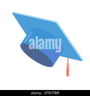 Blue graduate cap Cartoon icon vector object on white background. Student hat element. Learning, education, graduation, success symbol. Master degree Stock Vector