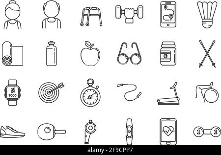 Workout seniors activity icons set, outline style Stock Vector