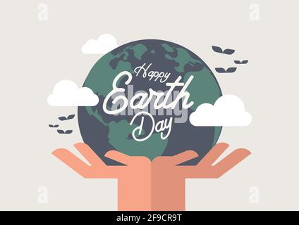 Happy Earth Day poster, banner design, Globe in hands flat illustration vector Stock Vector