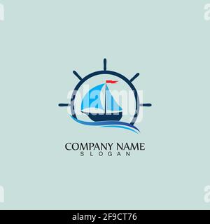 Ship and Boat Helm Steering Wheel on The Wave Water Ocean Logo Symbol Stock Vector