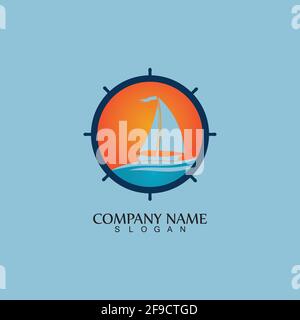 Ship and Boat Helm Steering Wheel on The Wave Water Ocean Logo Symbol Stock Vector