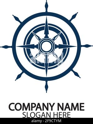 Ship steering wheel and conpass rose navigation symbol or logo isolated on white background - vector illustration Stock Vector