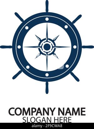 Ship steering wheel and conpass rose navigation symbol or logo isolated on white background - vector illustration Stock Vector