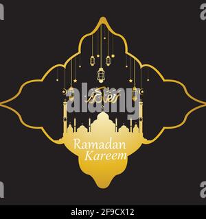 Vector - Golden silhouette of mosque and hanging lanterns on black background, Ramadan Kareem, greeting card Stock Vector