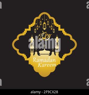 Vector - Golden silhouette of mosque and hanging lanterns on black background, Ramadan Kareem, greeting card Stock Vector