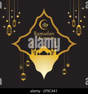 Vector - Golden silhouette of mosque and hanging lanterns on black background, Ramadan Kareem, greeting card Stock Vector