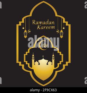 Vector - Golden silhouette of mosque and hanging lanterns on black background, Ramadan Kareem, greeting card Stock Vector