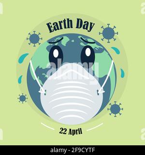 Earth Day, corona virus pandemic poster, 22 April, Earth in mask, save earth, pollution illustration vector banner Stock Vector