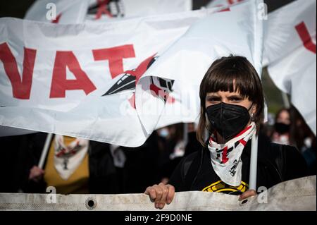 San Didero, Italy. 17 April 2021. A demonstrator looks on during a 'No TAV' (No to high-speed train) demonstration against Lyon-Turin high speed rail link. Credit: Nicolò Campo/Alamy Live News