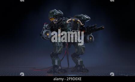 A huge military robot stands in the middle of the ruined apocalyptic city. View of the Apocalypse. 3D Rendering Stock Photo