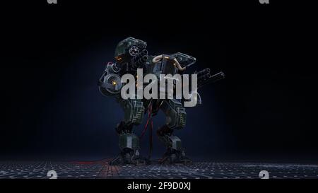 A huge military robot stands in the middle of the ruined apocalyptic city. View of the Apocalypse. 3D Rendering Stock Photo