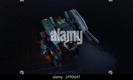 A huge military robot stands in the middle of the ruined apocalyptic city. View of the Apocalypse. 3D Rendering Stock Photo