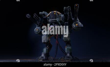 A huge military robot stands in the middle of the ruined apocalyptic city. View of the Apocalypse. 3D Rendering Stock Photo