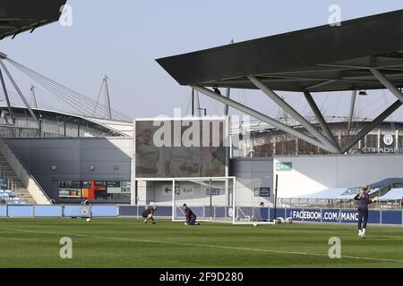 Manchester, UK. 17th Apr, 2021. General view of the Academy Stadium and Etihad Stadium during the Womens FA Cup fourth round match between Manchester City and Aston Villa at the Academy Stadium, United Kingdom Credit: SPP Sport Press Photo. /Alamy Live News Stock Photo