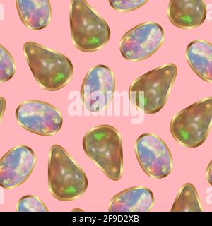 Opals gemstones in a gold setting on a pink background. Seamless vector pattern with aesthetic crystals with gold. Trendy background design Stock Vector