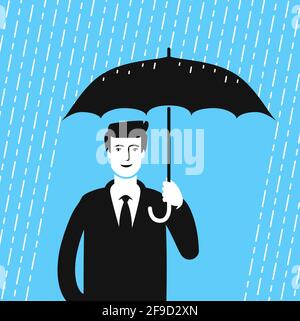 Man with umbrella and rain. Business concept in flat style vector illustration Stock Vector