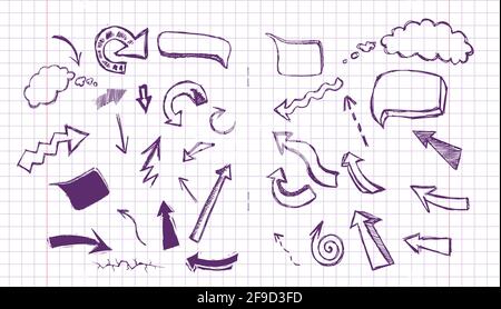 Arrows and clouds in a school notebook. Vector illustration Stock Vector