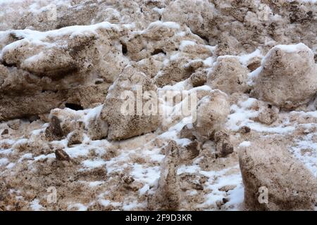 Textured landscape made from pile of dirty snow made over time and erosion Stock Photo