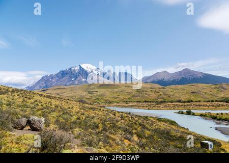View of Cerro Paine Grande and Cordillera del Paine in the region of Laguna Amarga in Torres del Paine National Park, Patagonia, southern Chile Stock Photo