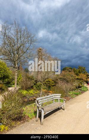 Wooden bench seat at RHS Garden, Wisley, Surrey, south-east England in spring with dark grey clouds before impending heavy rain Stock Photo