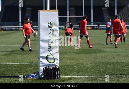 West Ealing, United Kingdom. 17th Apr, 2021. The 'Greene King IPA' logo/branding on the post protectors as the players warm up. Ealing Trailfinders v Jersey Reds. Greene King IPA Championship rugby. Castle bar. West Ealing. London. United Kingdom. Credit: Sport In Pictures/Alamy Live News