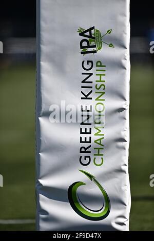 West Ealing, United Kingdom. 17th Apr, 2021. The 'Greene King IPA' logo/branding on the post protectors. Ealing Trailfinders v Jersey Reds. Greene King IPA Championship rugby. Castle bar. West Ealing. London. United Kingdom. Credit: Sport In Pictures/Alamy Live News
