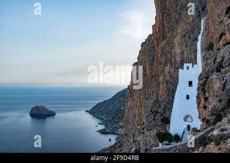 Monastery of Panagia Hozoviotissa, Amorgos Island, Cyclades Islands, Greece. Its construction on a rock dates back to 1088. Stock Photo