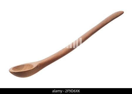 Rustic wooden spoon with long handle isolated on white background. Stock Photo