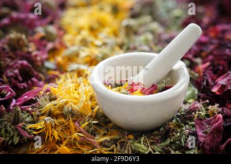 Mortar of medicinal herbs. Dried echinacea, calendula, wild marjoram, rose petals. Alternative medicine. Stock Photo