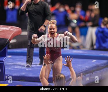 Fort Worth, TX, USA. 17th Apr, 2021. Oklahoma's Anastasia Webb celebrates during the Finals of the 2021 NCAA Women's National Collegiate Gymnastics Championship at Dickies Arena in Fort Worth, TX. Kyle Okita/CSM/Alamy Live News Stock Photo