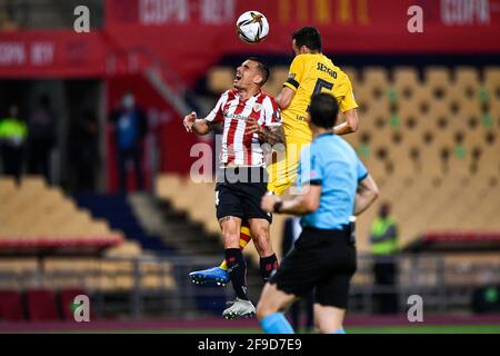 SEVILLE, SPAIN - APRIL 17: Dani Garcia of Athletic Bilbao and Sergio Busquets of FC Barcelona during the Copa del Rey Final match between Athletic Clu Stock Photo