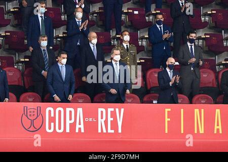 SEVILLE, SPAIN - APRIL 17: Pedro Sanchez, King Felipe VI and Jose Luis Rubiales during the Copa del Rey Final match between Athletic Club and FC Barce Stock Photo