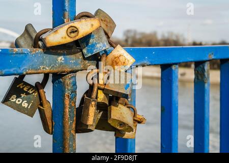 Novi Sad, Serbia - March 16, 2019: Locked padlock of love on a bridge in Novi Sad Stock Photo
