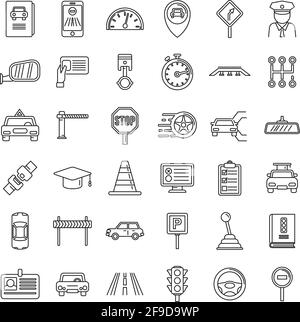 Auto driving school icons set, outline style Stock Vector