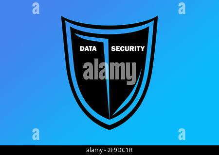 Black shield with DATA SECURITY writing on it on a blue background Stock Photo