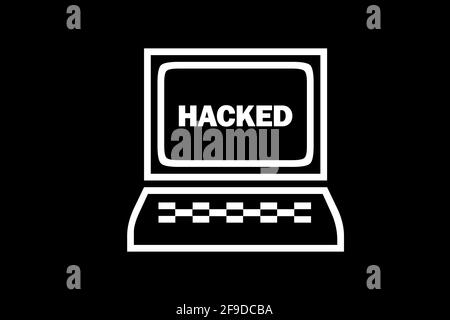 Icon of a laptop with the word hacked on the desktop isolated on a black background Stock Photo