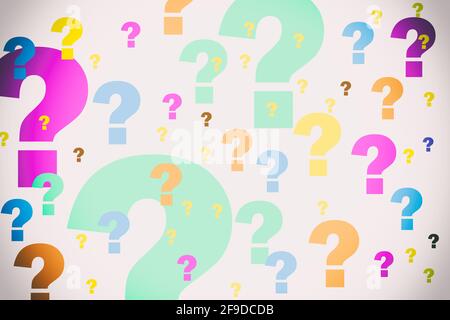 Many question marks of different sizes and colors on a white background Stock Photo