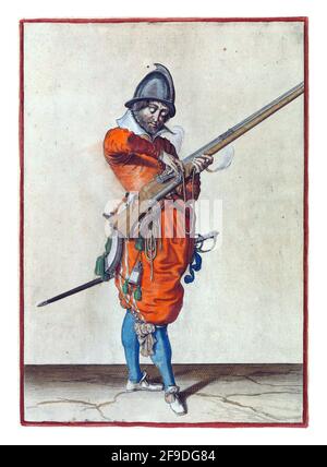 A full-length soldier holding a spear (lance) with both hands upright high above the ground. This is the second operation for raising the skewer uprig Stock Photo