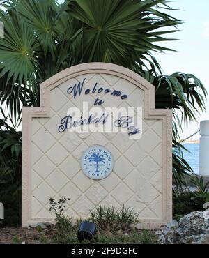 Sign welcoming people to Biscayne Bay in Brickell, Miami, Florida. Stock Photo