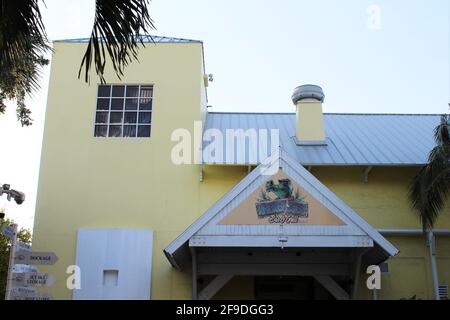 Exterior of Whiskey Joe's Bar and Grill restaurant in Key Biscayne, Florida.  Next to the Rickenbacker Marina. Stock Photo