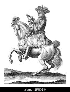 Portrait of Charles XI, King of Sweden, on horseback with a command staff in his hand. At the bottom in the margin are name and function in Latin. Stock Photo