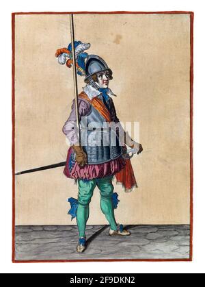 A soldier, full-length, to the right, holding a spear (lance) with his right hand upright in the socket of his right arm. This is the third act of lif Stock Photo