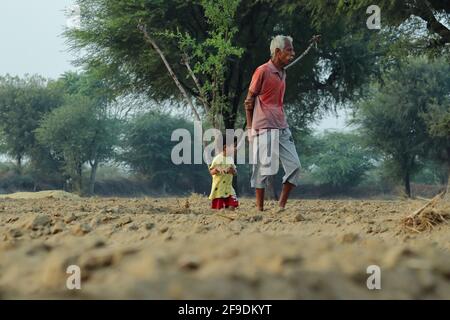 Close-up of Senior Grandfather and little indian grandson walking in the field together Stock Photo