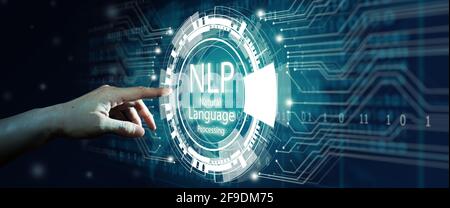 Hand of Businessman touching hologram screen with world map background. NLP Natural Language Processing cognitive computing technology concept. Stock Photo