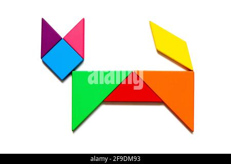 Color tangram puzzle in cat shape on white background Stock Photo